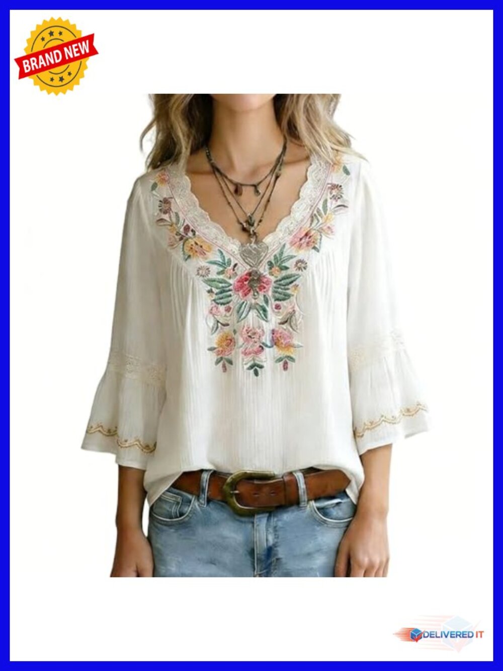 Women Vintage Floral Embroidery Lace Trim 3/4 Bell Sleeve Top